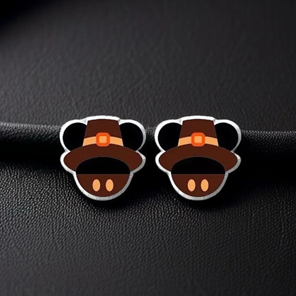 Thanksgiving Pilgrim Hat Mouse Ears Stud Earrings NWT Festive Fall Jewelry